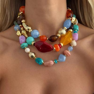 Colorful Beaded Necklace for Women, Multi-Color Irregular Resin Beads Choker, Bohemian Statement Jewelry