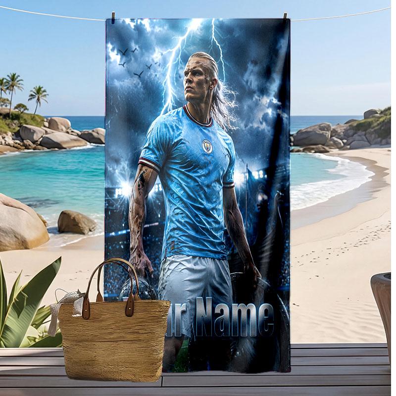 Erling Haaland Personalized Printed Beach Towel Soccer Logo Support Custom Name Text Absorbent Towel For Sport Travel Special Gift