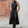 Men Stand Collar Sleeveless PU Faux Leather Open Front Casual Long Maxi Cardigan Coats