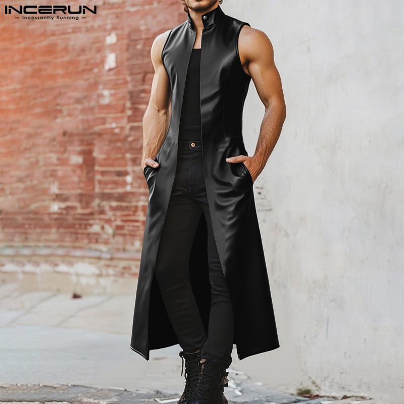 INCERUN Men Stand Collar Sleeveless PU Faux Leather Open Front Casual Long Maxi Cardigan Coats
