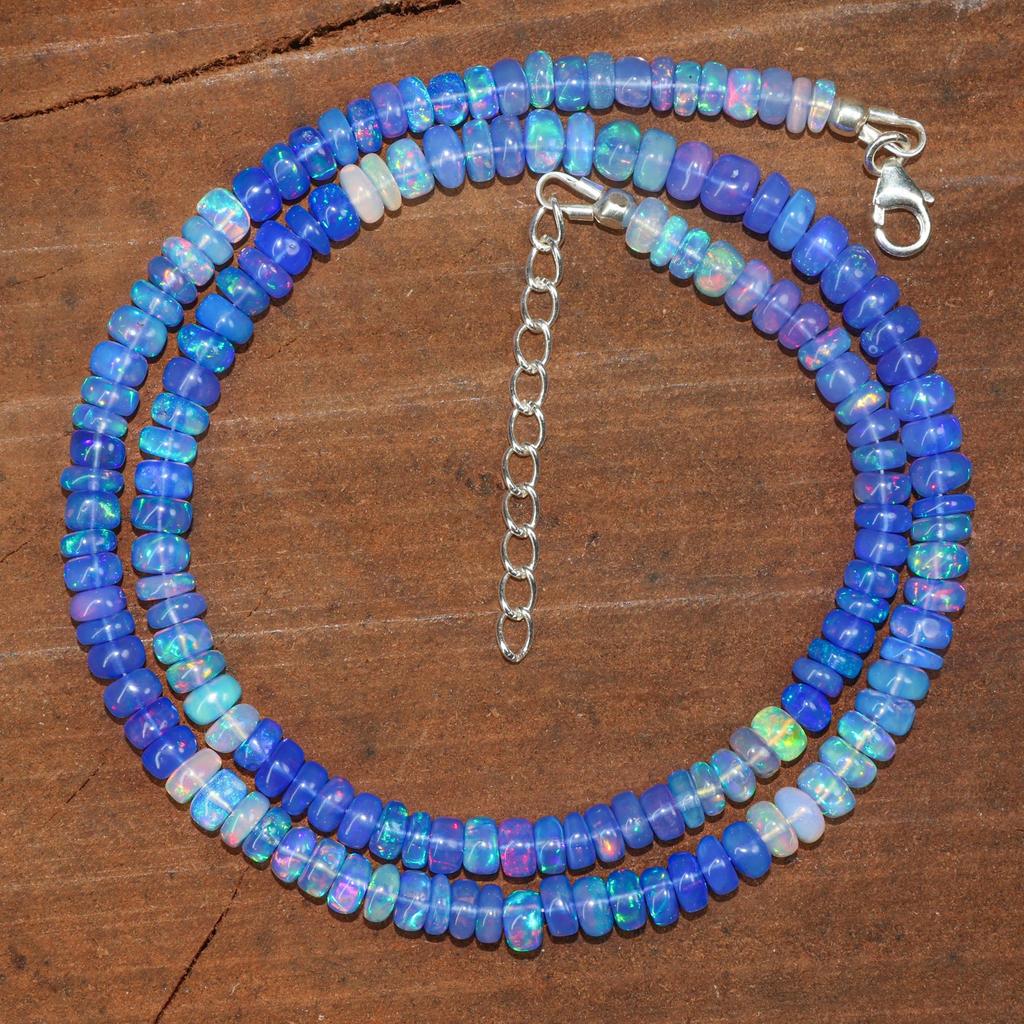 Natural Blue Opal Gemstone Dainty Beaded Necklace, Ethiopian Opal Handmade Necklace, Birthstone Necklace, Minimalist Necklace, Gift for Her