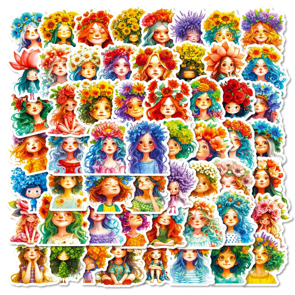 56 Girl With A Wreath Cartoon Graffiti Stickers High Saturation Diy Handmade Decorative Stickers