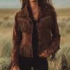 Womens Suede Short Cropped Jacket With Fringe Trim Turn-Down Collar Waist Belt Slim Fit Winter