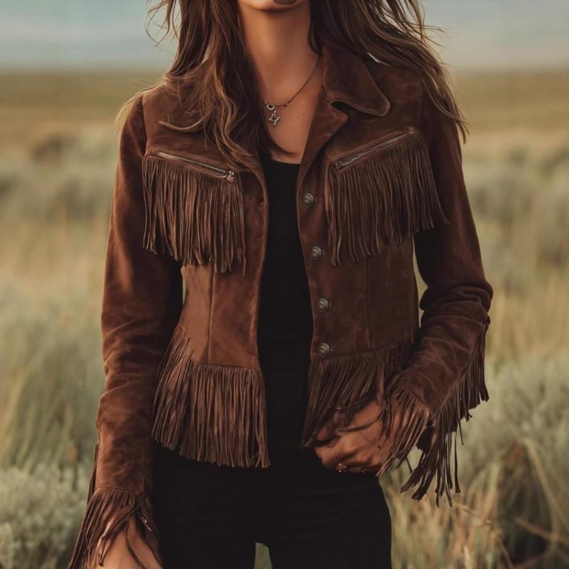 Womens Suede Short Cropped Jacket With Fringe Trim Turn-Down Collar Waist Belt Slim Fit Winter