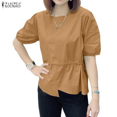 Blouse décontractée à col rond ample d'été à manches mi-longues pour femmes