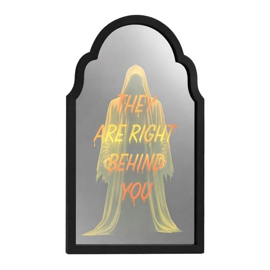 Acrylic Wood Spooky Sign Halloween Glowing Ghost Mirror, USB Light Up Scary Ghosts, Hologram Mirror Decoration Prank Decor for Haunted House