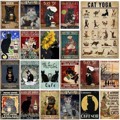 Zwarte Kat Cartoon Anime Poster Metalen Bord Garage Man Cave Wandborden Leuke Katten Blikplaat Schilderkunst Decoratie Platen Plaques 26T0104 26T0104