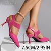 Fashion Elegant Rose Red High Heel Sandals for Women Pu Leather Thin Heels Dress Party Shoes Plus Size Elastic Band Pointed Toe Sandals