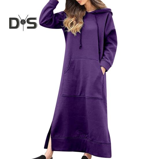 Kvinner Høst Vinter Ensfarget sweatshirtkjole Hette med snøring Langermet frontlomme sidesplitt maxikjole