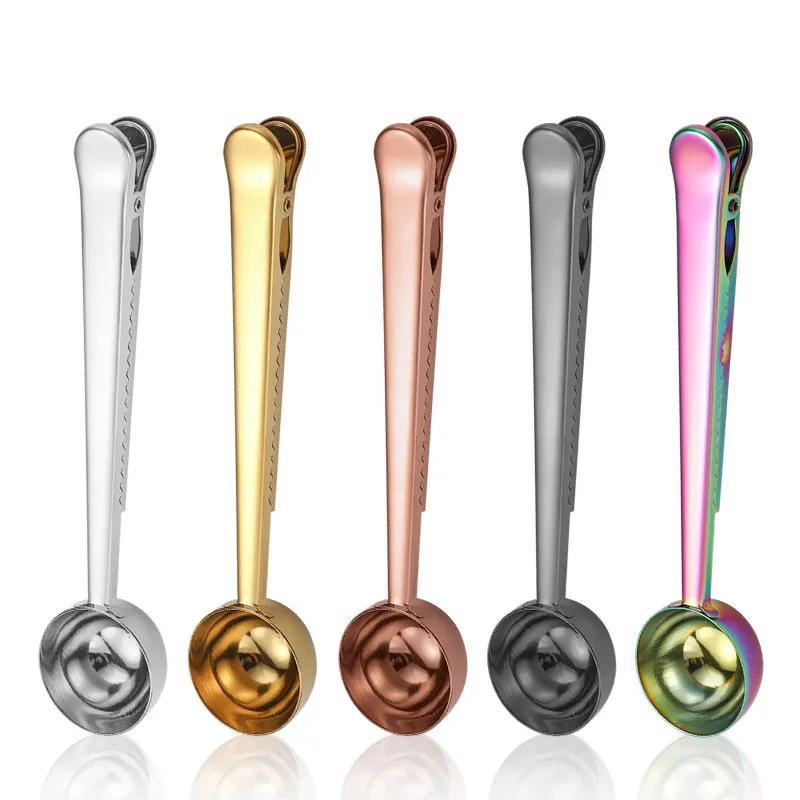 Multifunctional Coffee Scoops with Clip Powder Flour Measuring Tools Stainless Steel Bake Spoons Measure Spoons Food Sealing Clip Reusable Ya1025