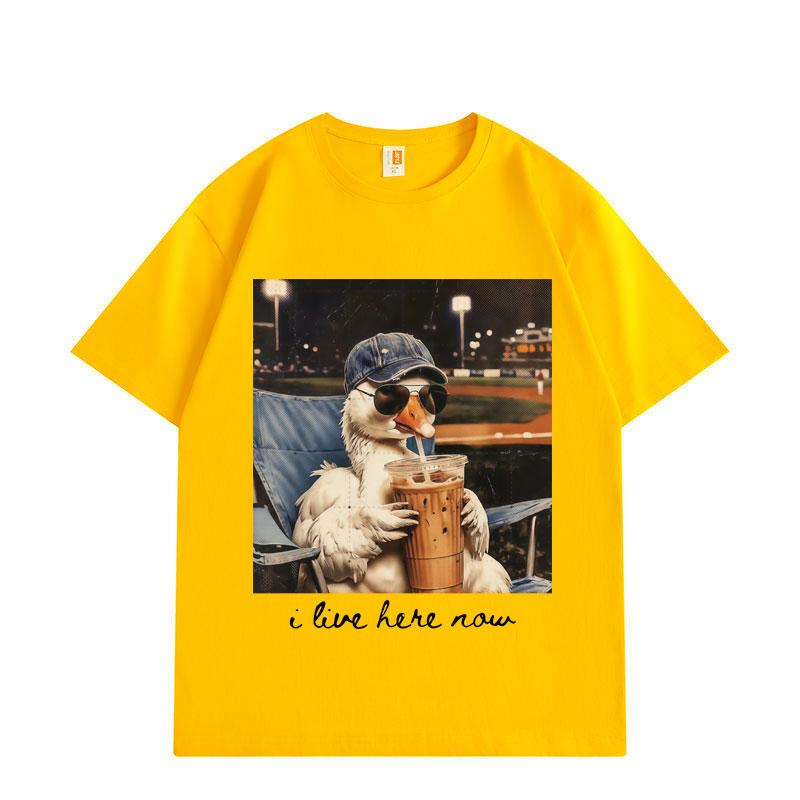 I Live Here Now Funny Goose Meme Graphic T Shirts High Quality Fashion Oversized T-shirts Men Women Short Sleeve T-shirt