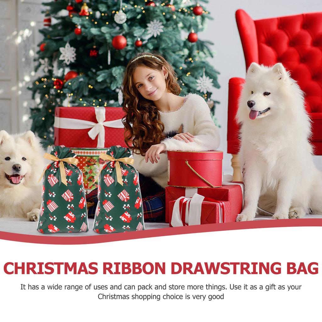 10Pcs Xmas Drawstring Gift Bags Christmas Candy Pouches Bright Festive Colors Wear Resistant Pe Material Easy Seal Party Favor