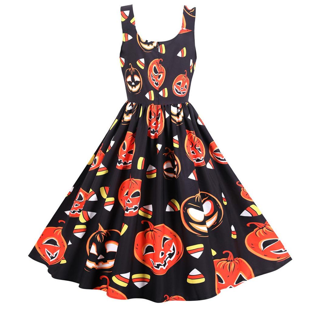 Fashion Women Vintage Halloween Print Sleeveless Evening Party Prom Dress