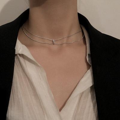925 Sterling Silver Double Layer Crystal Geometric Charm Pendant Necklace For Women Wedding Jewelry Choker Collar Dz262