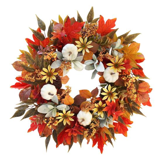 Umělý podzimní věnec na vchodové dveře 18" Věnec z javorových listů s dýní, květinou a bobulemi pro sklizeň, Den díkůvzdání, farmářskou výzdobu