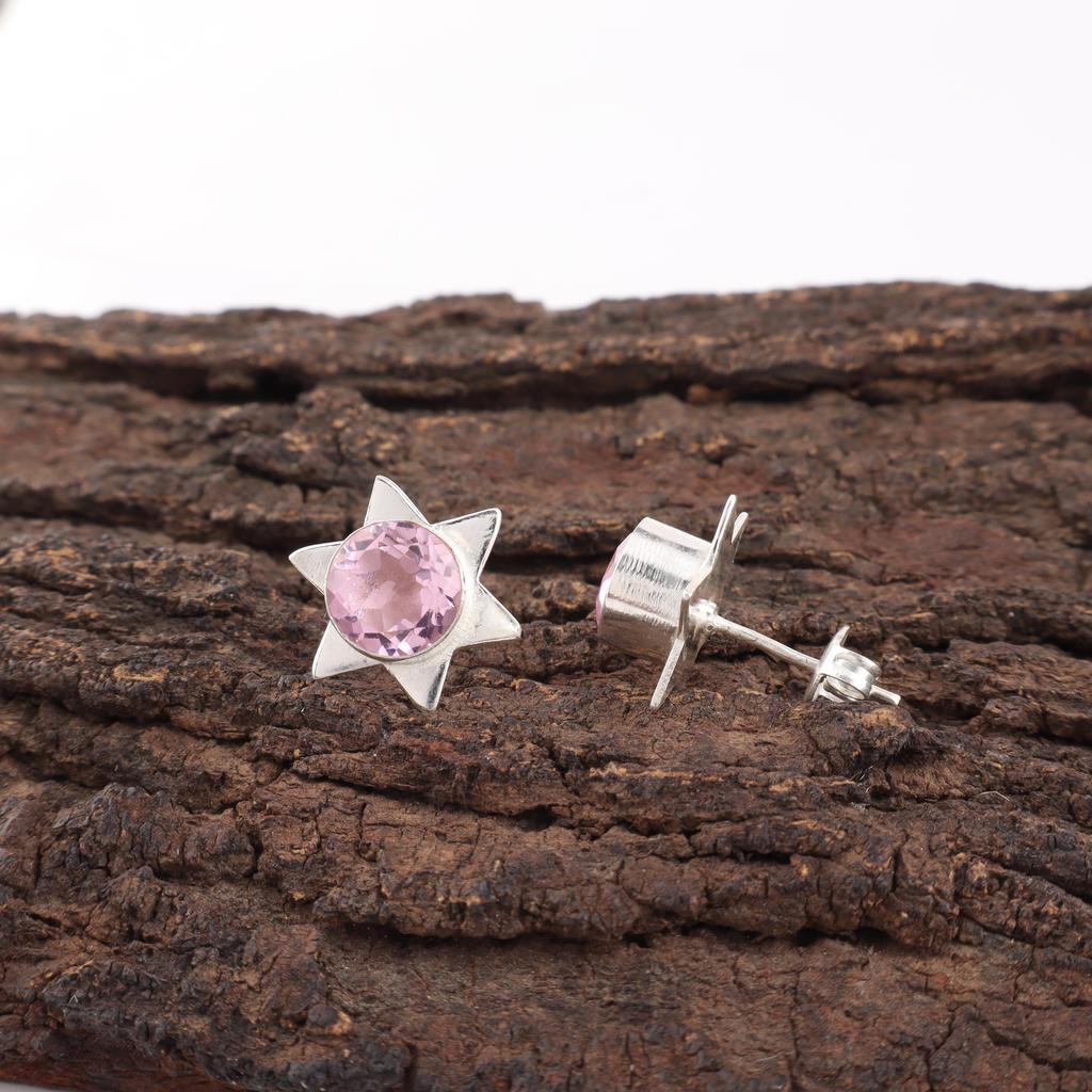Morganite Earrings, Handmade Gemstone 925 Solid Sterling Silver Earrings Antique Jewelry, Beautiful Stud Earrings, Engagement Gift