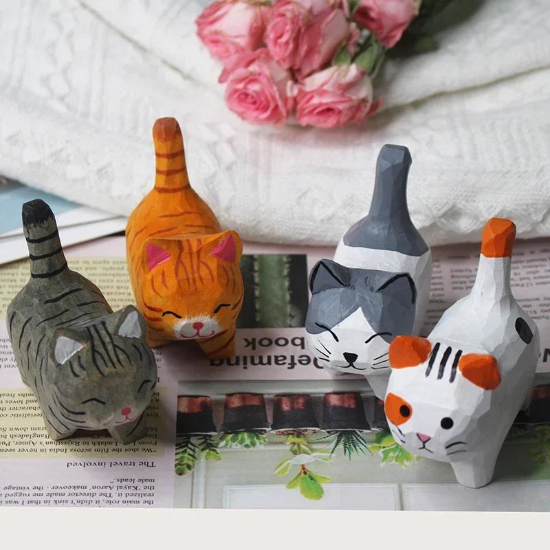 Håndlaget Treskjæring Kattunge Ornamenter Små dyr Kreativt Skrivebord Tre Kattdekorasjonshåndverk