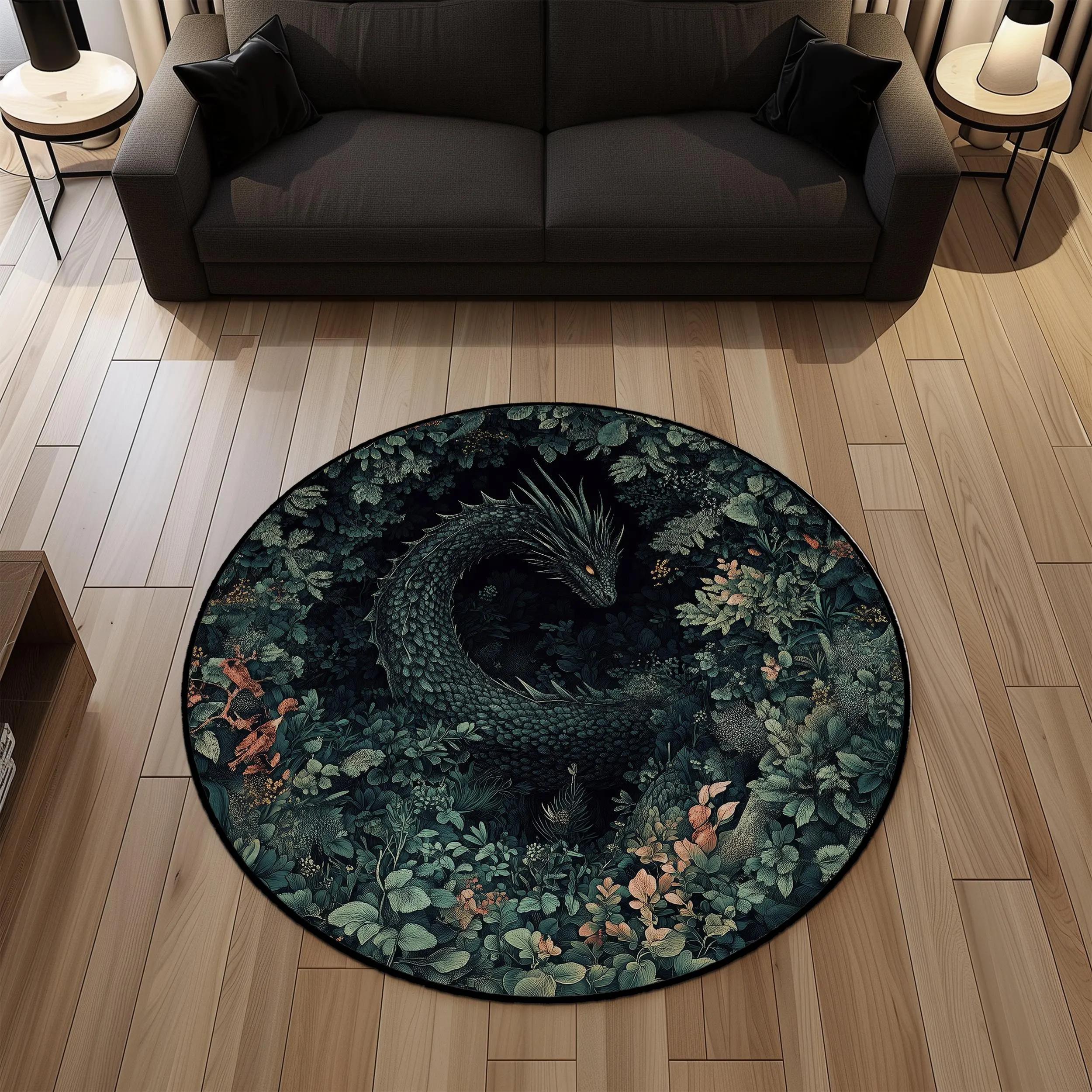 

1pc Fantasy Forest Dragon Pattern Round Rug, Non-slip Floor Mat for Living Room, Bedroom, Bathroom, Holiday Home Decoration 40x40cm Flannel