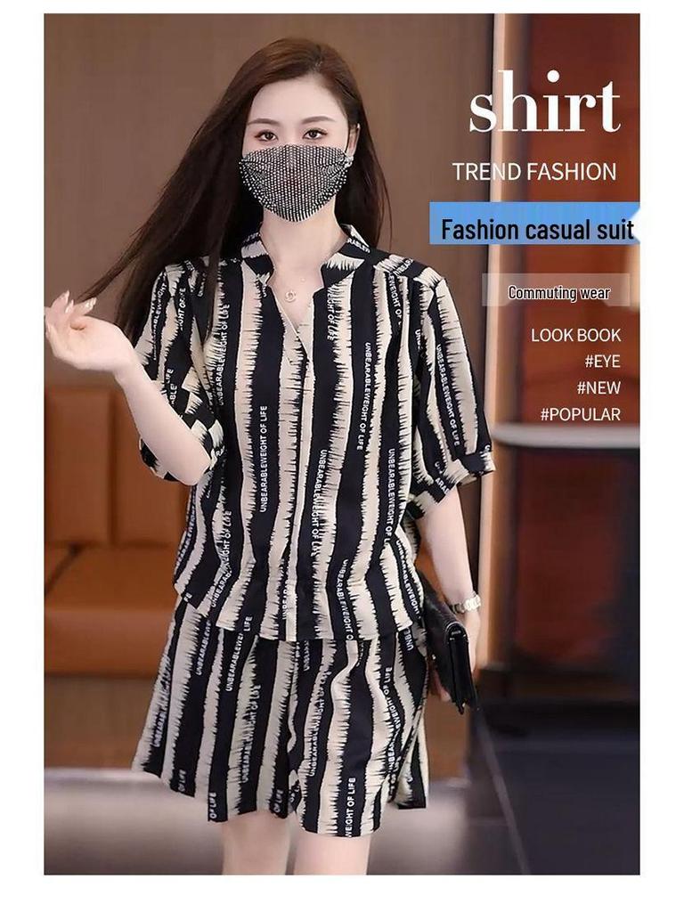 Plus Size Chic Striped Women's Two-Piece Set: Summer Shirt & Shorts, Flattering, Loose Fit, Age-Reducing.
