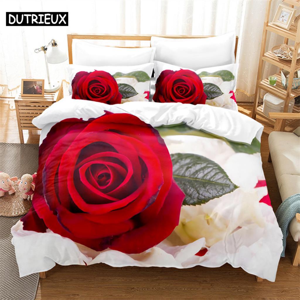 Luxury Red Rose Queen Bedding Set Duvet Cover Set Bedding Comforter Bedding Sets Bed Linen King Size Duvet Cover Bedding Set