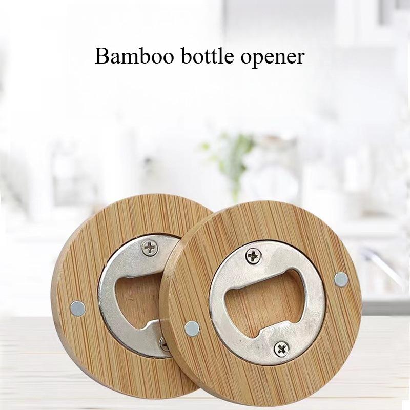 Beer Bottle Opener Portable Round Shape Bamboo Opener Fridge Magnet Bar Beverages Gadgets Wedding Home Party Tools
