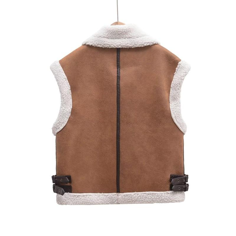 Womens Retro Faux Suede Fur Lined Zip Up Vest Jacket Street Style Warm Outerwear