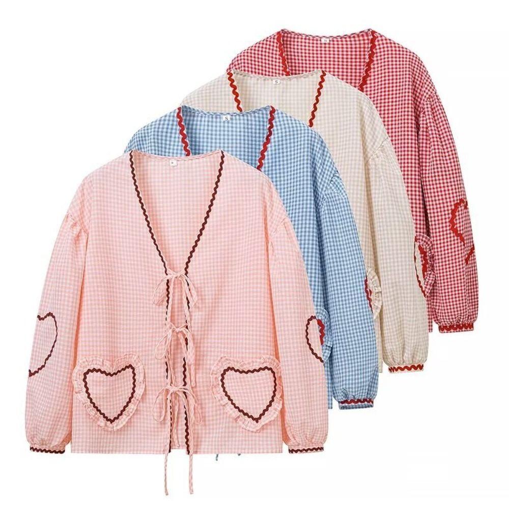 Ruffle Plaid Bowknot Lace Up Blouse Stripe Loose Chic Puff Sleeveless Blouse Tops Spring/Summe