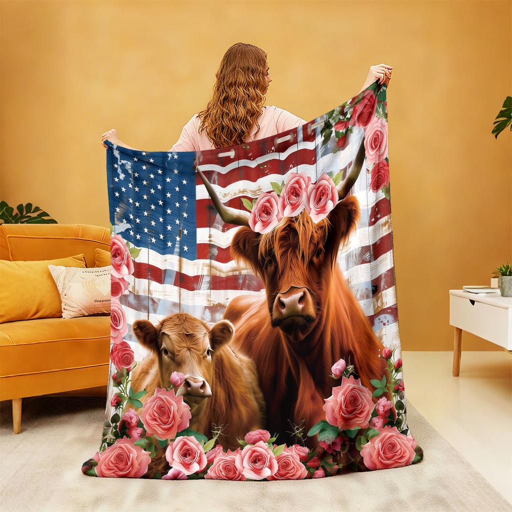 1pc Floral Highland Cow Print Flannel Blanket, Multi Size Casual And Comfortable Blanket, Machine Washable