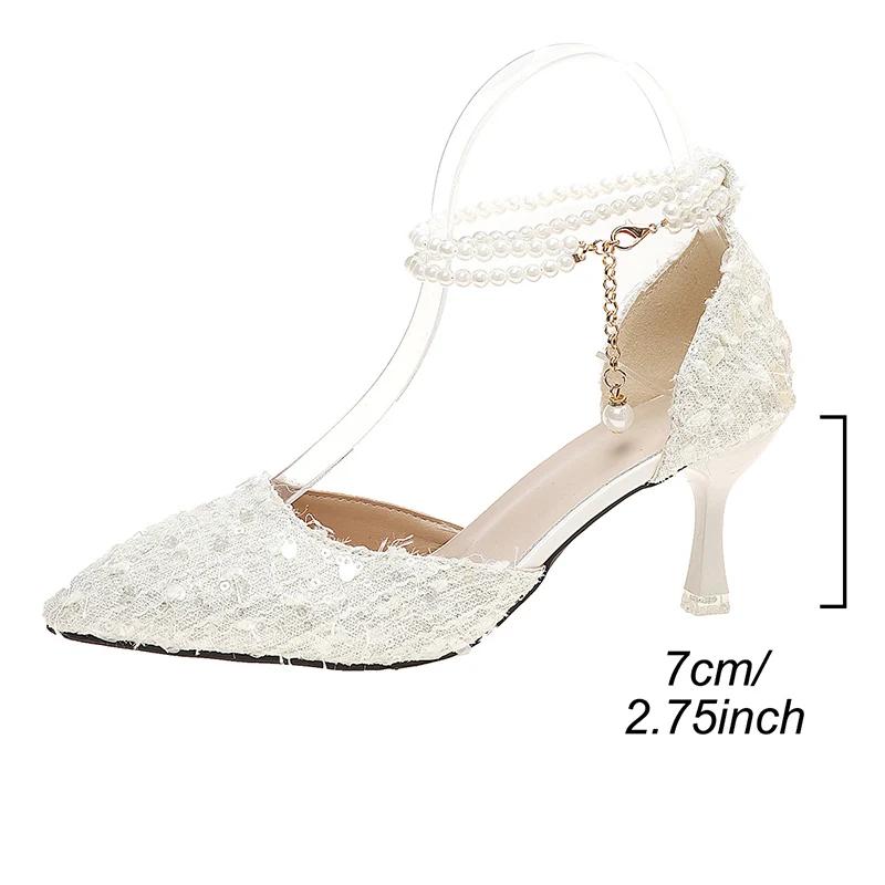 Fashion Women White Glitter Pearls Ankle Strap Pumps 2025 Autumn Brand Design Banquet Party Shoes Woman Elegant Pointed Toe Heeled Shoes