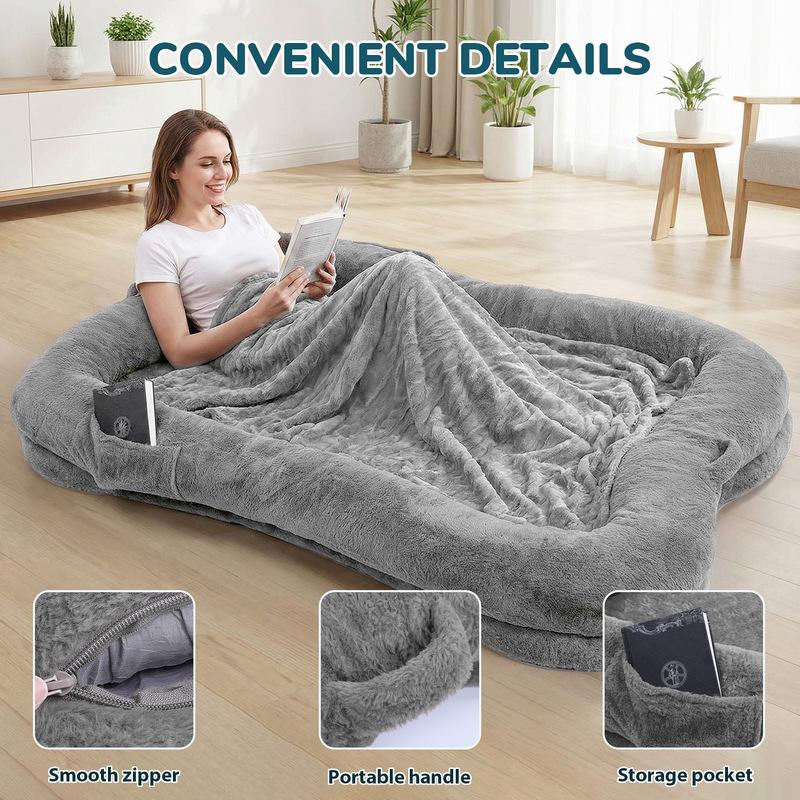 Portable Human Dog Bed Washable Large Size Non Slip Bottom Comfortable Plush Giant Size Dog Bed with Blanket and Pocket for Home