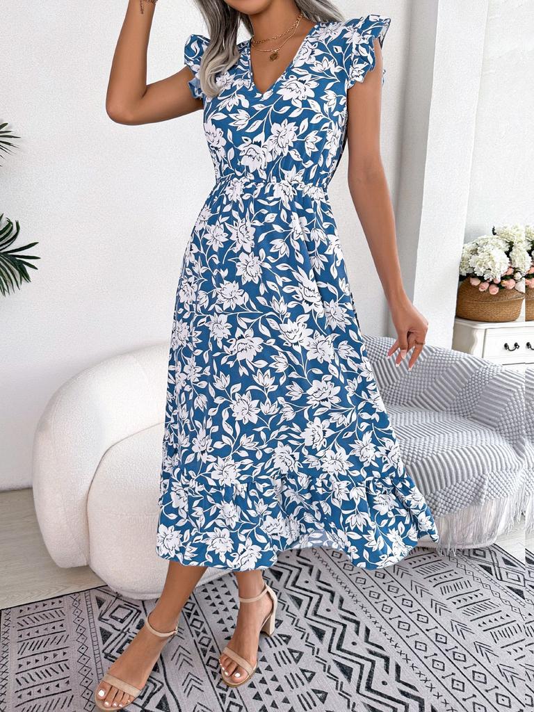 Women Casual Floral Elastic Waist Ruffled Vacation A Line Long Chiffon Dress