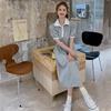 College style polo collar short-sleeved dress women's summer medium and long waist and thin casual a-shaped skirt niche design