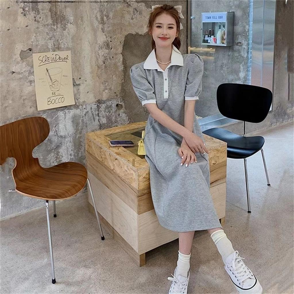 College style polo collar short-sleeved dress women's summer medium and long waist and thin casual a-shaped skirt niche design