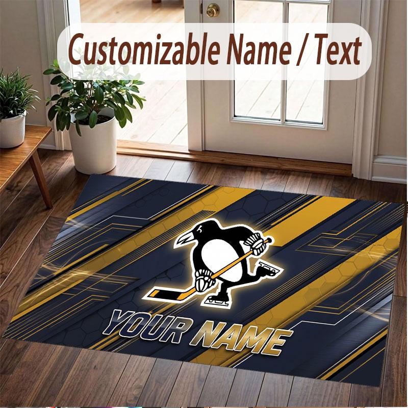 Custom Rug Pittsburgh Penguins Pattern Print Name Text Soft Non‑Slip Floor Carpet for Home Indoor Decoration