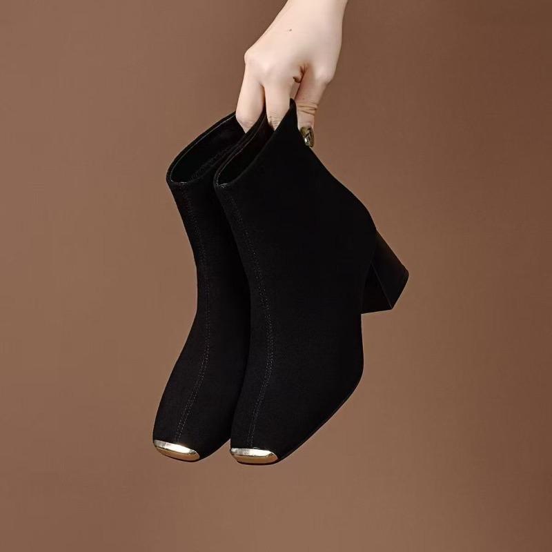 Anti-kick Head Suede Boots Women's Autumn New Thick Heel Metal Round Head Middle Heel Elastic Thin Socks Boots