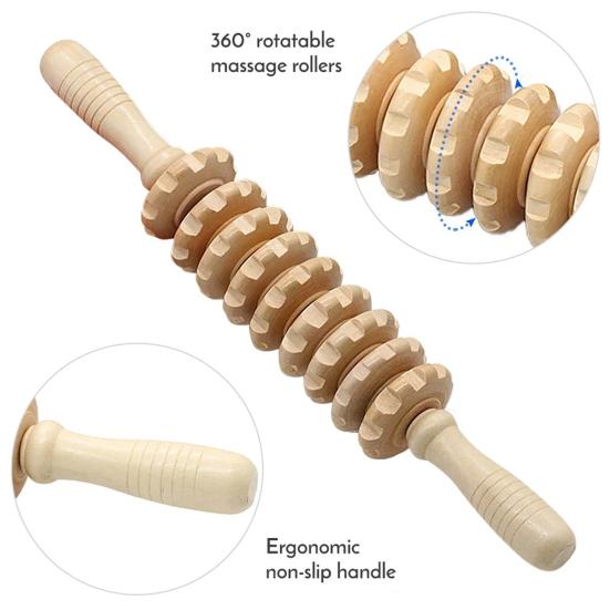 Skin-friendly Fascia Massager Anti-slip Handle Wood Grooved Gear Multifunctional Smooth Roller Massager for Home