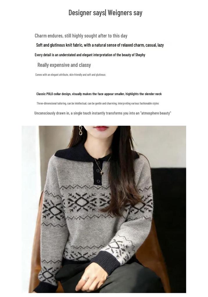 Women's Snowflake Jacquard Wool Sweater - Loose Button-Up Pullover for Spring/Autumn