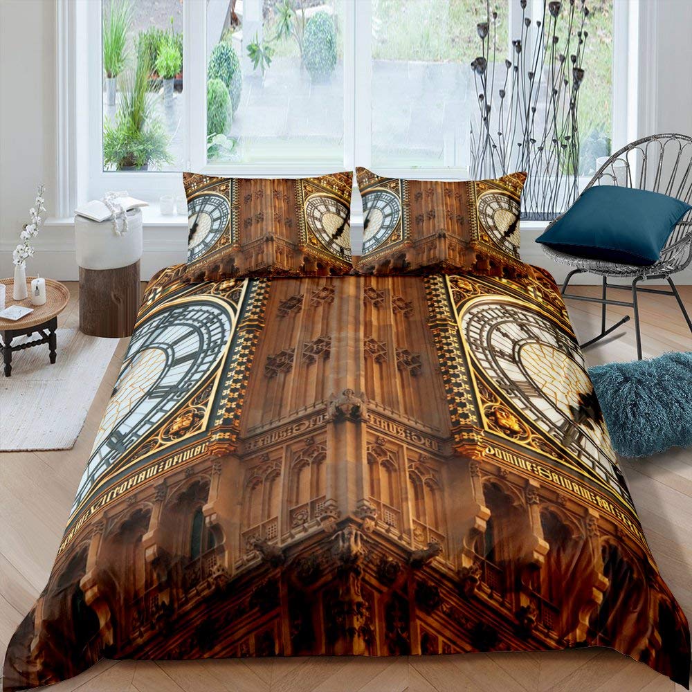 London Duvet Cover Set Queen Size Telephone Booth Big Ben Bus Print Bedding Set 3pcs,Modern City Quilt Cover with 2 Pillowcases