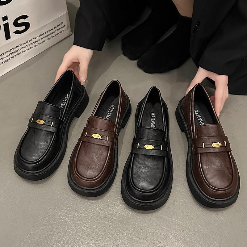 Retro brown platform small leather shoes women's new spring versatile one-pedal