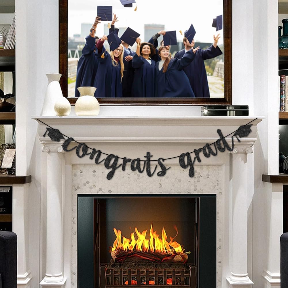 Congratulations Graduation Decorations Class of 2025, Pre-strung Black Glitter Congrats Grad Banner, Grad Party Senior College High School Classroom