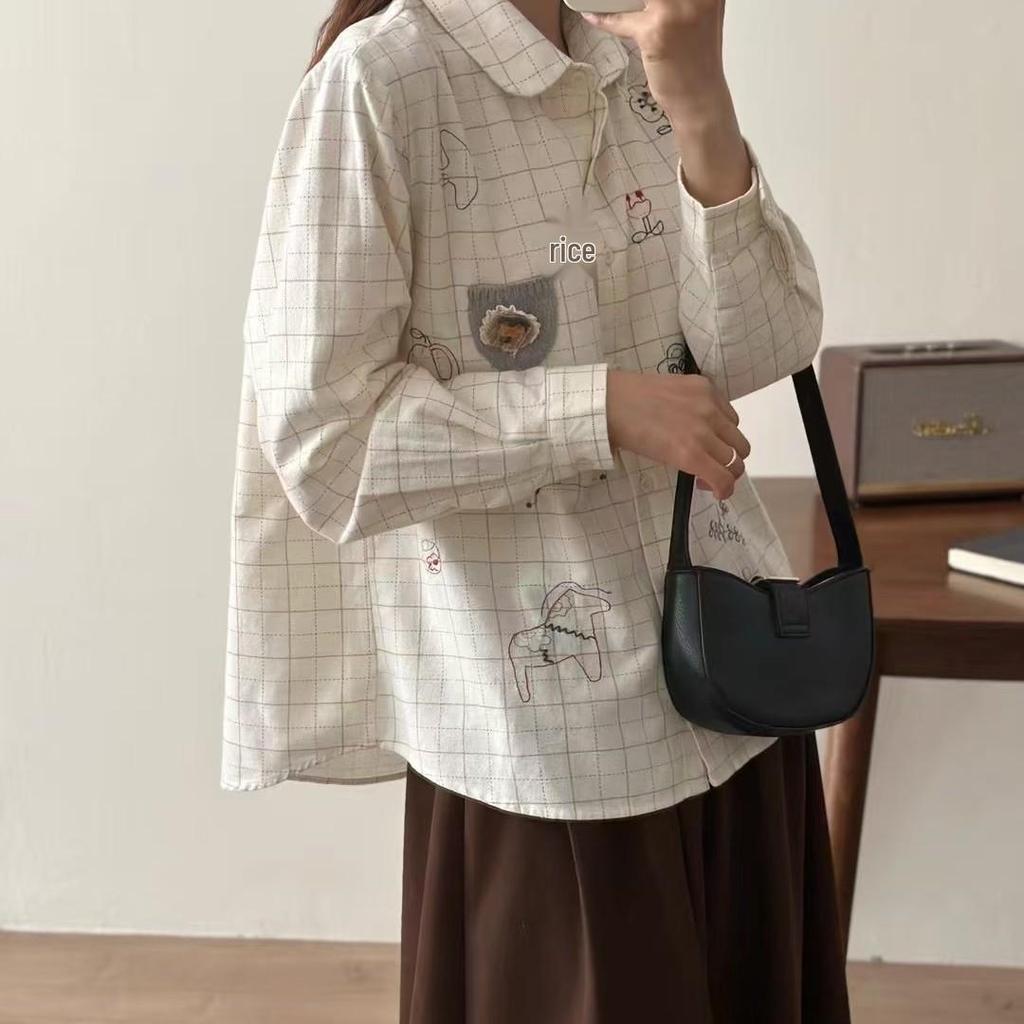Japanese Mori Girl Style Loose Embroidered Plaid Long Sleeve Shirt for Women 2025