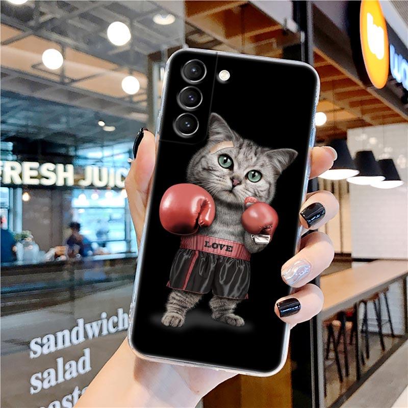 Funny Cartoon Line Art Cat Cute Animal Transparent Case for Samsung Galaxy S22 S21 S20 FE S 22 Ultra S10E S9 Plus 5G Cover Coque