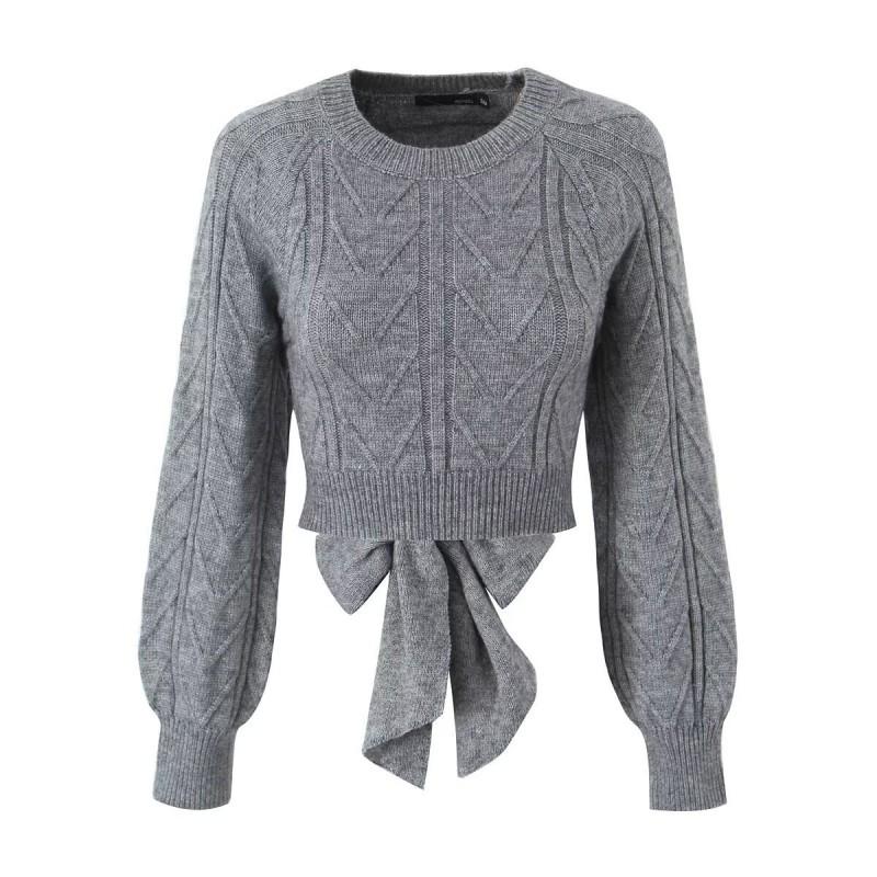 Womens Cropped Knit Sweater With Back Bow Detail Slim Fit Long Sleeve Pullover Gray Beige 2025 Fall