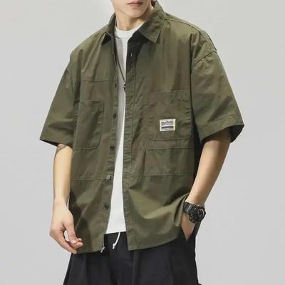 Herren Retro Japanische Lockere Militärgrüne Baumwollhemdjacke, Kurzärmelig