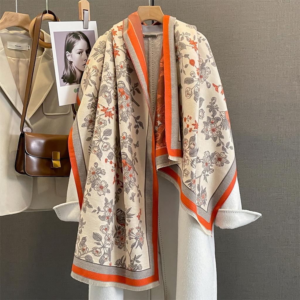 Floral Thickened Warm Scarf Tassel Pashmina Shawl Women‘s Imitation Cashmere Warps Autumn/Winter Coldproof Windproof Blanket