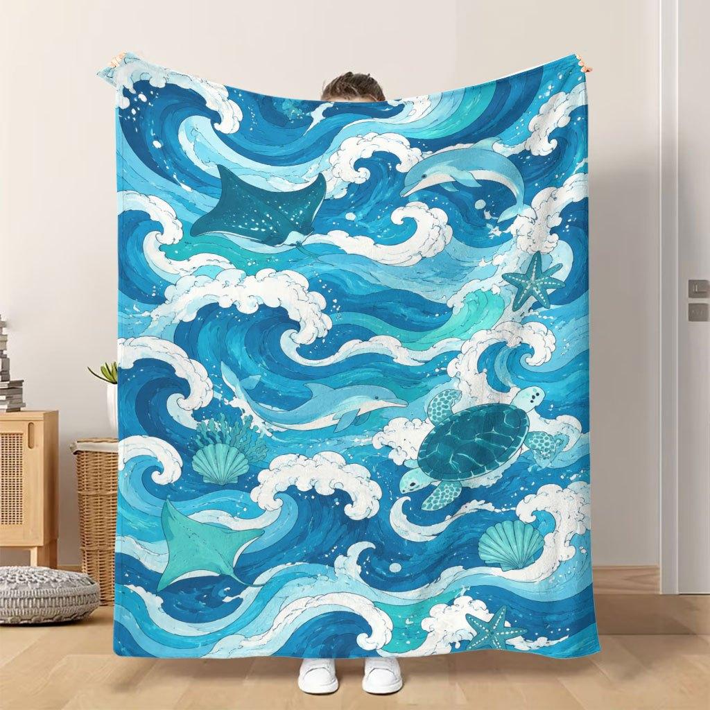 1pc Flannel Blanket Ocean Creatures And Waves Design Soft Comfortable And Warm Nap Blanket/Sofa Blanket Suitable for All Seasons W