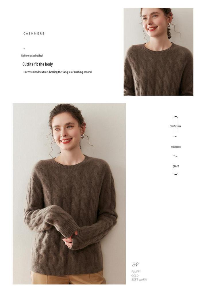 Women's Round Neck Cable Knit Cashmere Sweater - Thickened and Loose Fit for Autumn/Winter