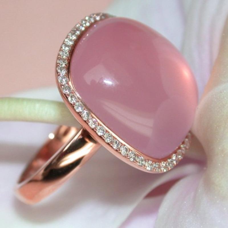 Gorgeous Inlaid Pink Stone CZ Women's Ring Exquisite Gold Color Geometry Daily Wear Party Jewelry Anniversary Gift