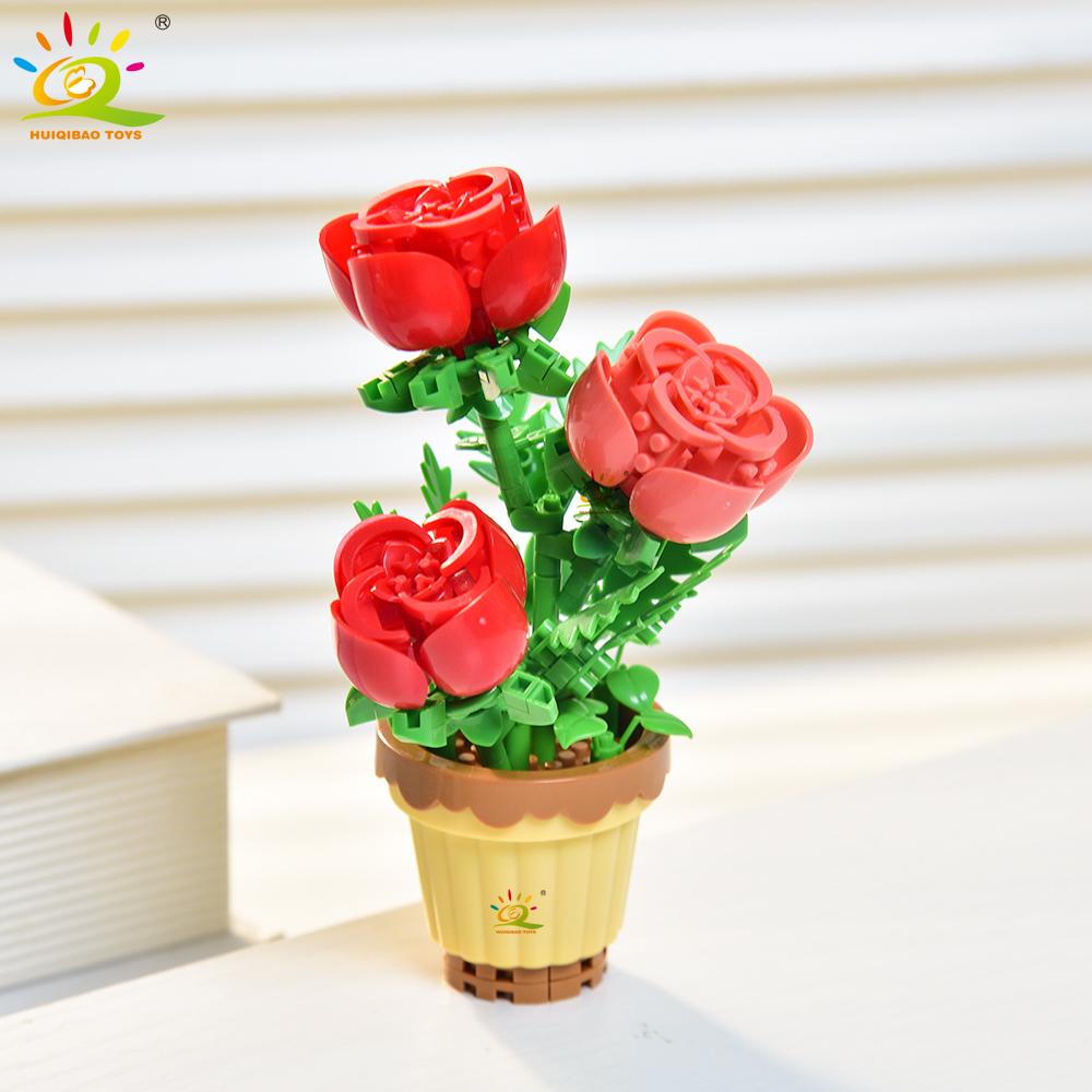HUIQIBAO MOC Bouquet Potted Plant Micro Building Blocks Eternal Flower Model DIY Home Desk Decoration Brick Toy For Children