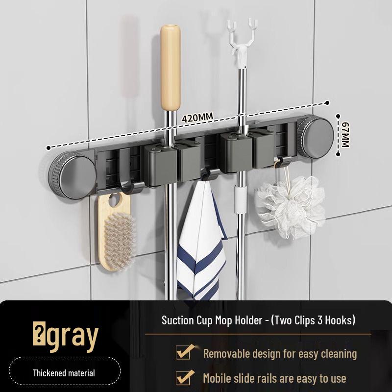 Wielofunkcyjny uchwyt na mopa z przyssawką bez wiercenia z haczykami do łazienki i na balkon